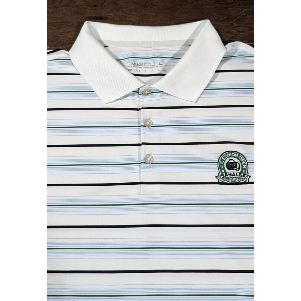 Nike Golf Men's Dri Fit Polo Shirt Blue Black White Stripe Size XXL US Sr Open